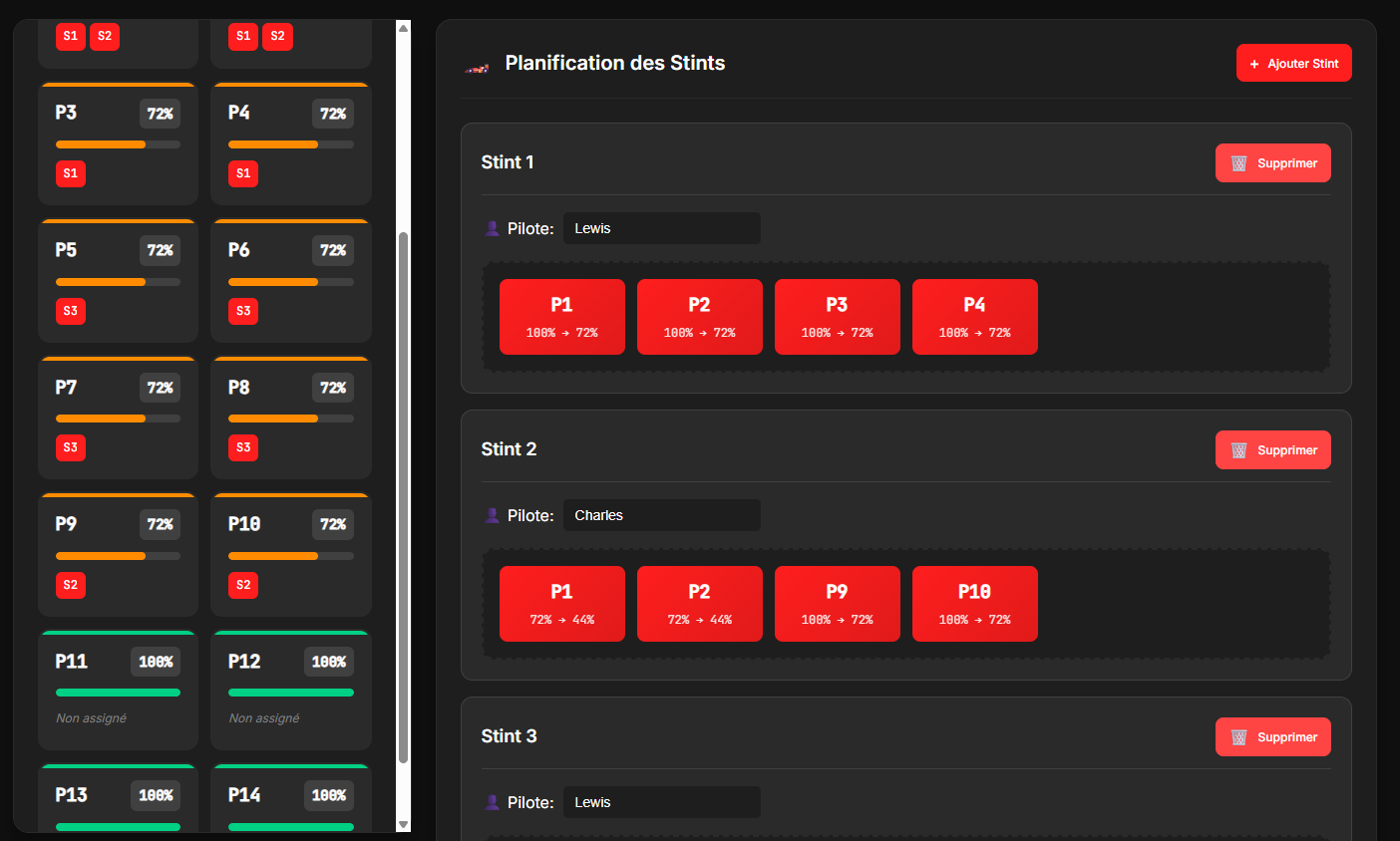 Interface Stint Planner moderne